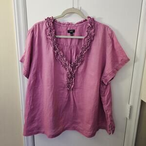Talbots Blouse Women’s 22 Petite Pink Linen Short Sleeve Pleated Ruffle Neckline
